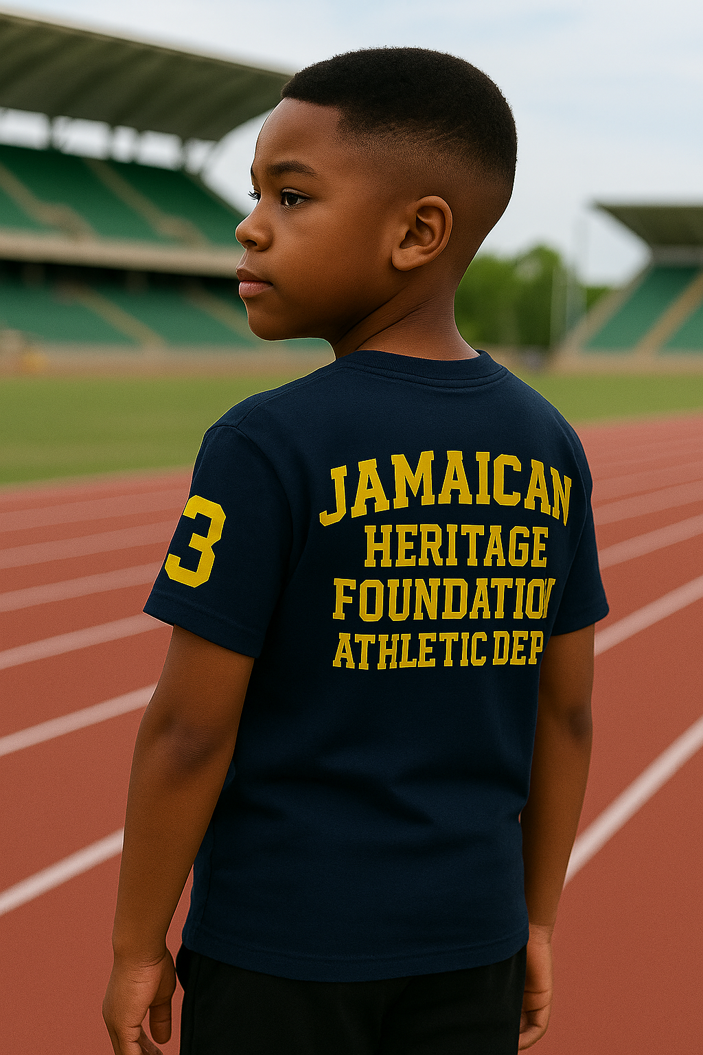 Child wearing a navy blue t-shirt with yellow text on a track field